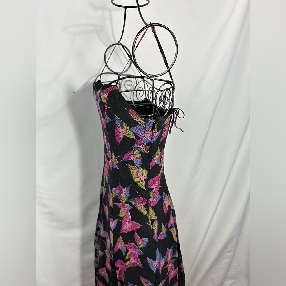 Y2K Betsey Johnson New York silk black leaf print midi dress size 6 - Picture 7 of 13